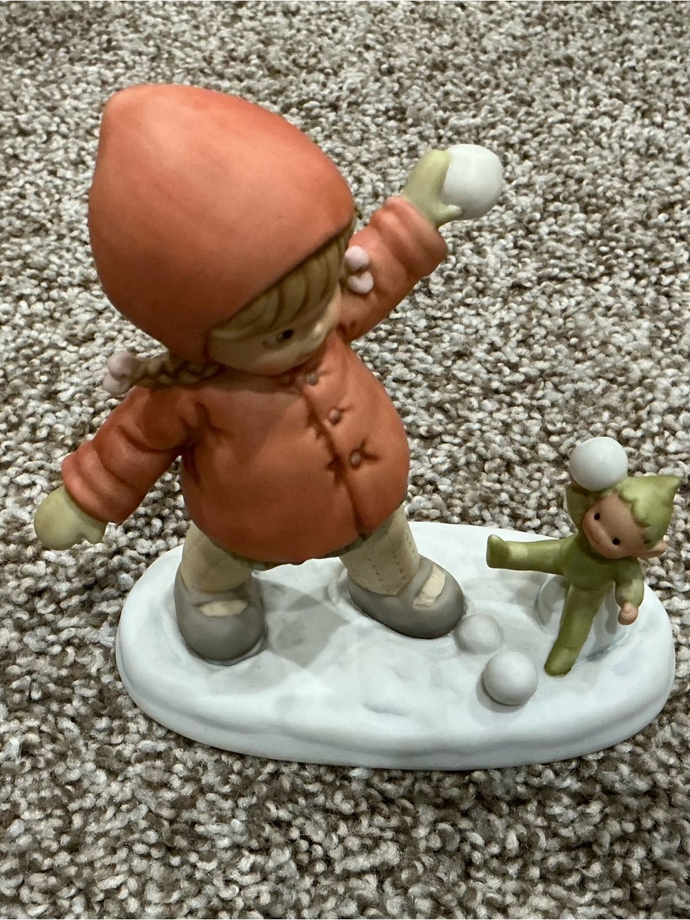 Enesco Figurine Girl in Orange Coat and Green Elf Snow Play